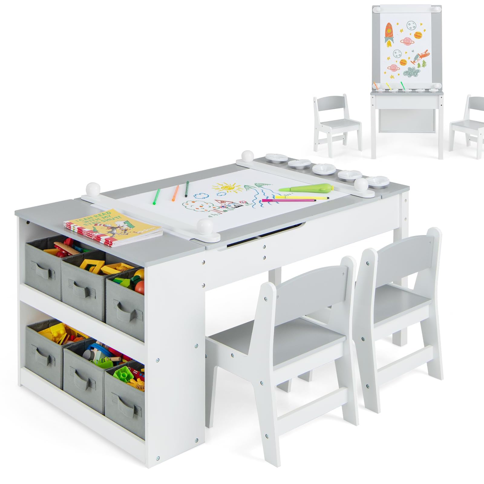 RELAX4LIFE Tavolo D'arte per Bambini con 2 Sedie, Legno, Piano Sollevabile, 6 Cassetti, 4 Tazze Pittura