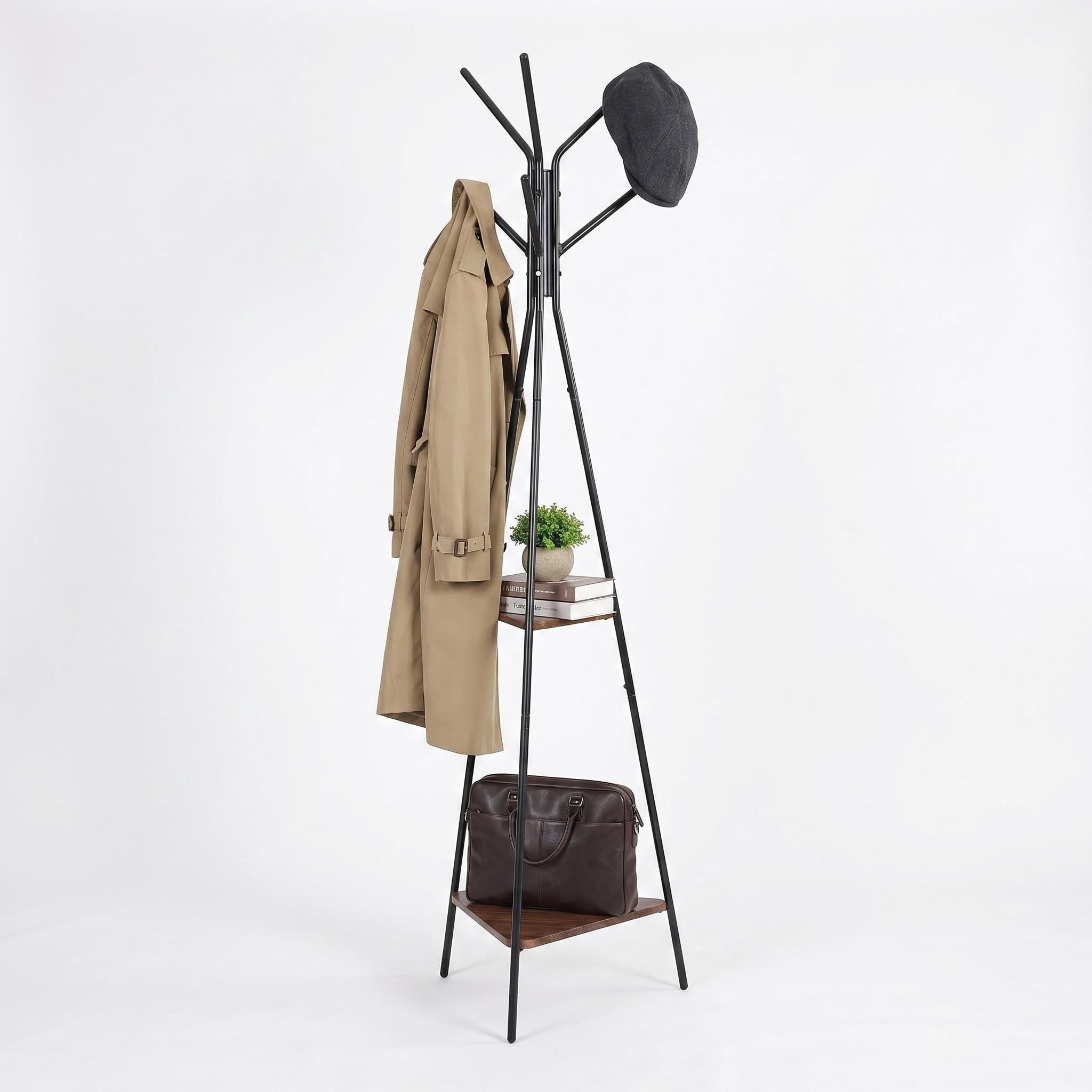 Panana Freestanding Coat Rack Stand, 179.5cm Tall Metal Coat Hanger with 2 Wooden Storage Shelves, 6 Hooks Garment Rack for Hallway Bedroom Entryway (Black)