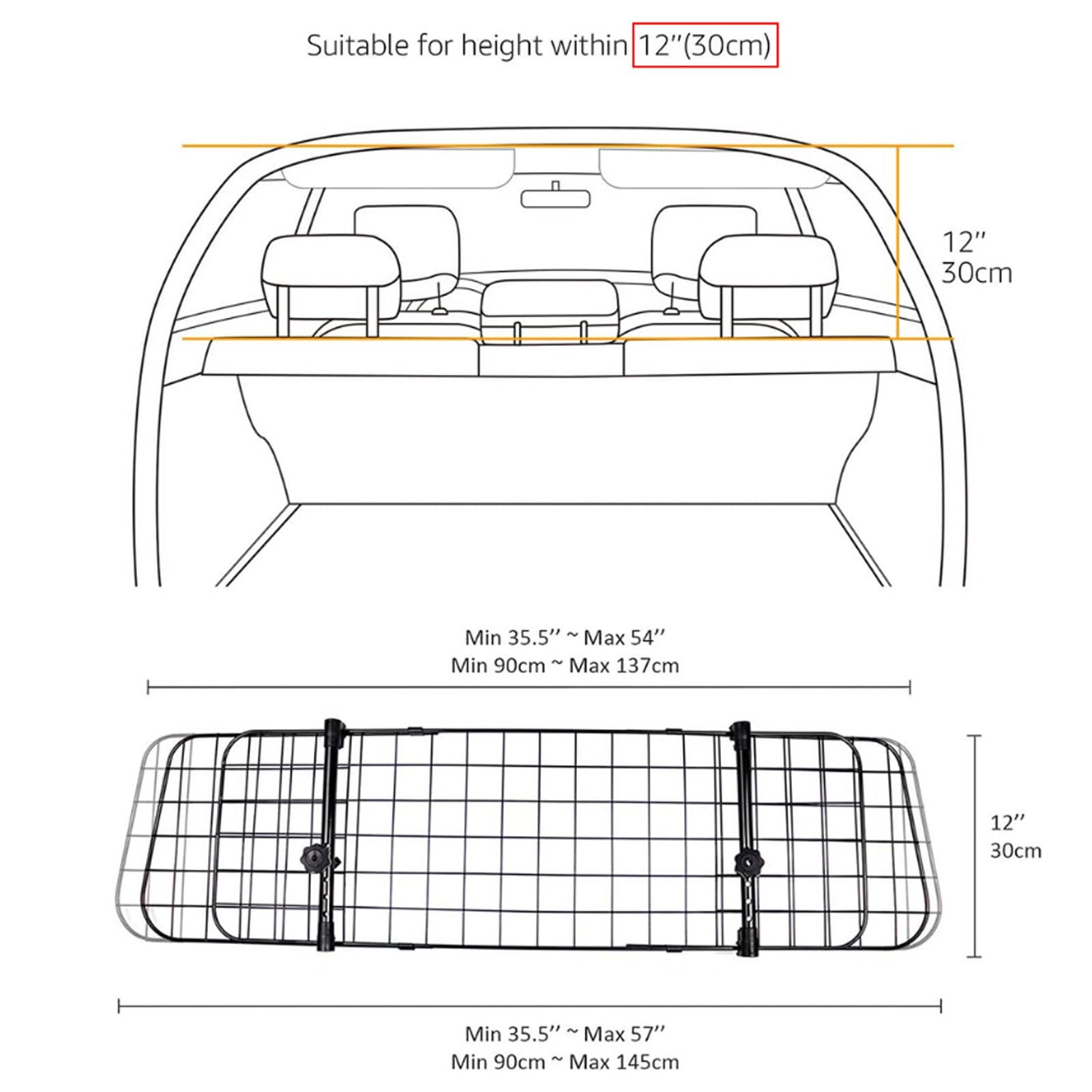 Yctze Cancello Divisorio per Auto per Cani, Regolabile, Universale, per Animali Domestici, per SUV, Camion, Berline, con Design in Rete Resistente, Altezza 30 Cm, Larghezza 35-57