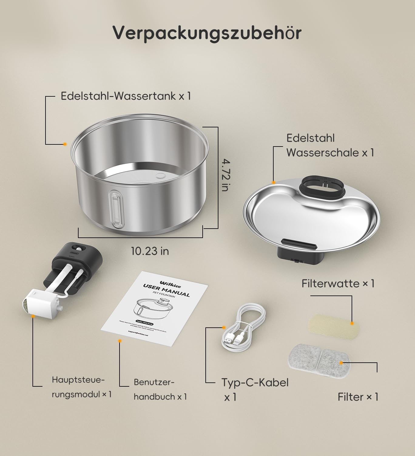 Katzenbrunnen Edelstahl, 5,5 L Trinkbrunnen für Hund Kabellos, 5000mAh Akku katzenbrunnen mit bewegungsmelder, leiser Wasserpumpe, Für Katzen & Kleine Hunde, mit 1 Satz Filter,Schwarz