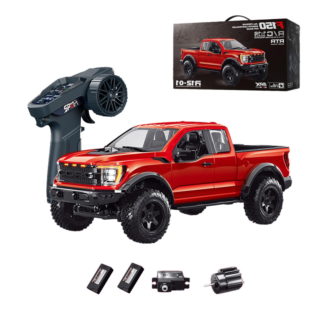 NULA 1:12 F-150 Raptor RC Truck 4WD Offroad Pickup Modelo De Coche Con Motor Potente, Luz LED Vehículos Teledirigidos Para Adultos – R12-01Q / Rojo / 2 Baterías