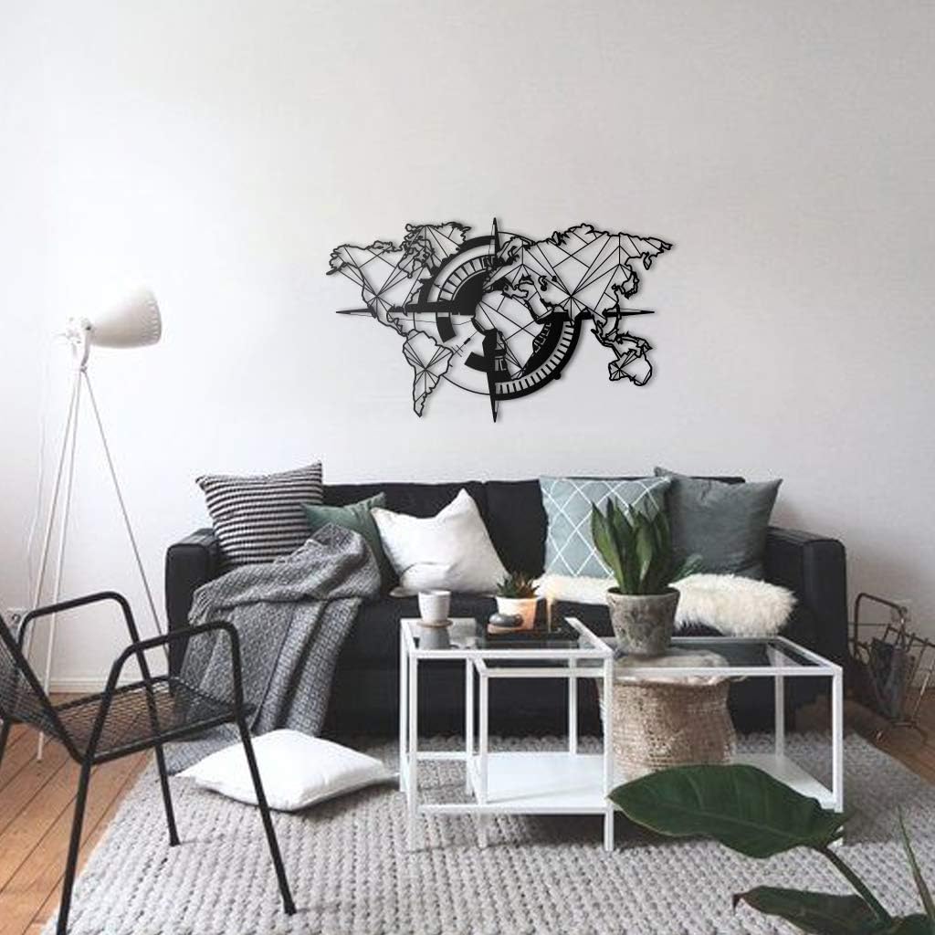 Tubibu - Arte de pared moderno, mapa del mundo metálico, 100% metal, 99 x 55 cm, negro