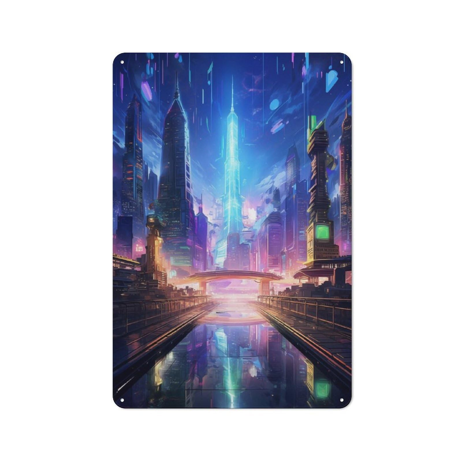 Junmoney Futuristic Future City Office Metal Sign 30X20cm, Understated Office Wall Decor For Workspace, Cafe, Shop Or Desk Area