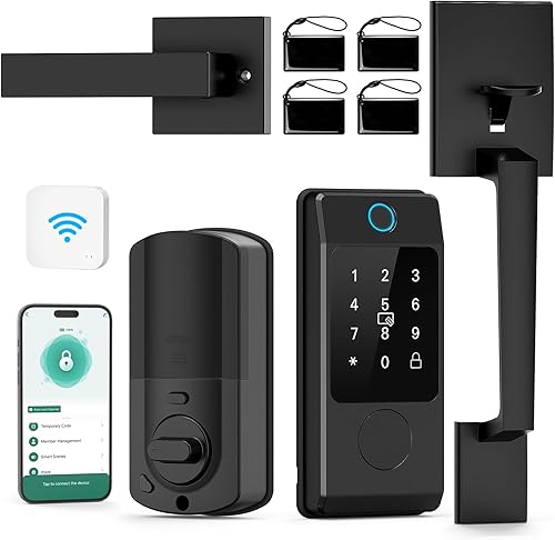 Cerradura de cerrojo inteligente Wi-Fi con juegos de asas, cerradura de puerta de entrada sin llave para puerta delantera, compatible con Alexa y