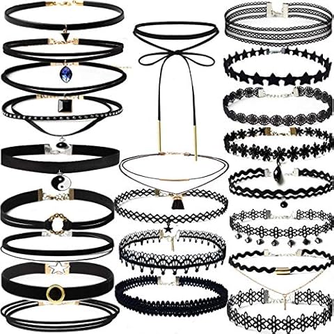 YOKER 22 Pcs Necklaces Black Velvet Choker Set for Women Classic Adjustable Gothic Lace Black Collar Tattoo Lace Chokers Charm Stretch for Party Cosplay Christmas Birthday Cover