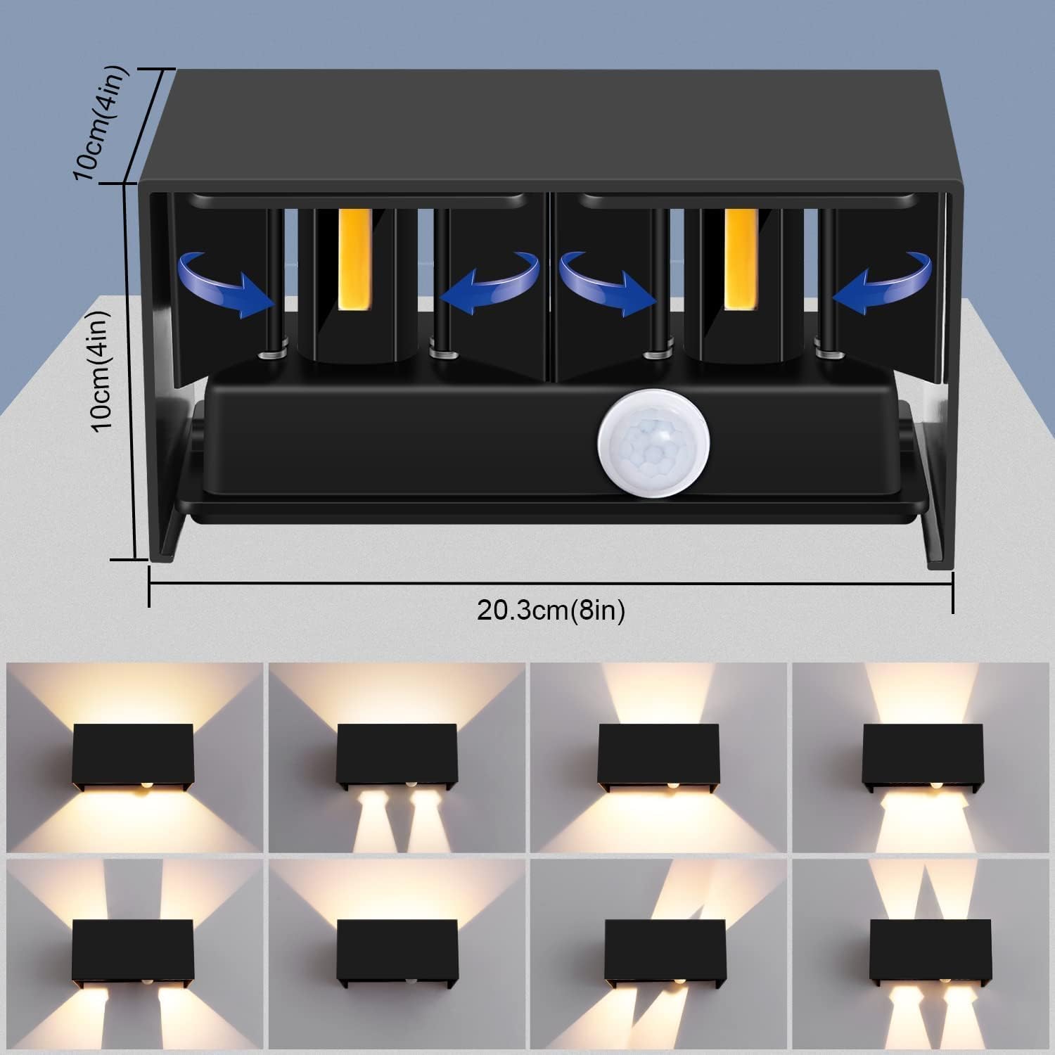 Kingwei 2 Stück 20 W LED-Wandleuchte für den Außenbereich, mit Bewegungsmelder, 3000 K, Außenleuchte, IP65, Wandleuchte mit verstellbarem Abstrahlwinkel, Up Down, Design innen/außen