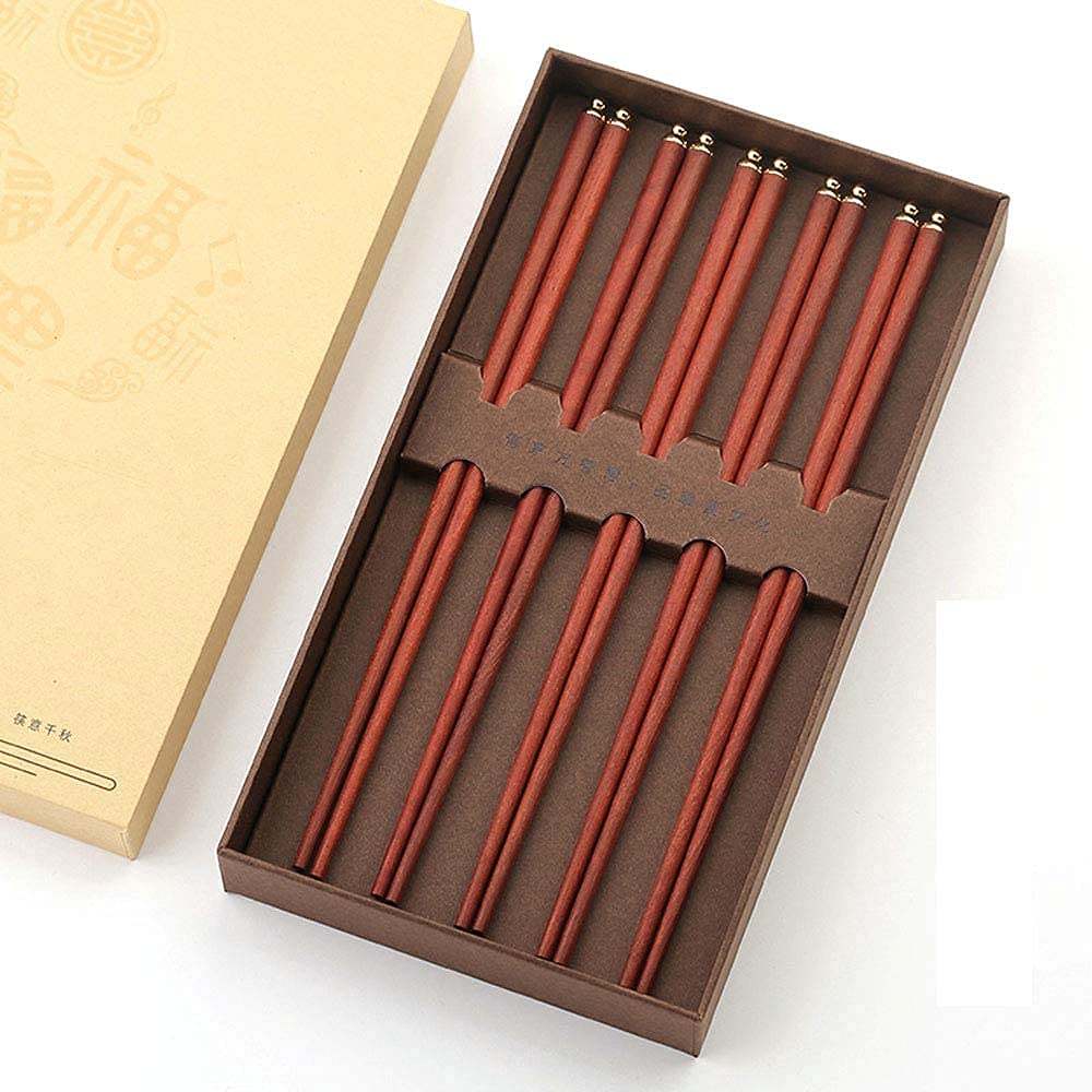 Baguettes japonaises réutilisables Baguettes en métal 5 Paires Baguettes réutilisables Coffret Cadeau, Baguettes Chinoises en Bois Naturel avec boîte Faite à la Main Vaisselle de c(A)