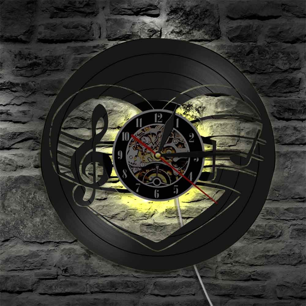 Note musicali Cuore Orologio con disco in vinile Chiave di violino Cuore Orologio da parete Musica Studio Decorazione della parete della stanza Musicisti Regalo di San Valentino Regali per la festa