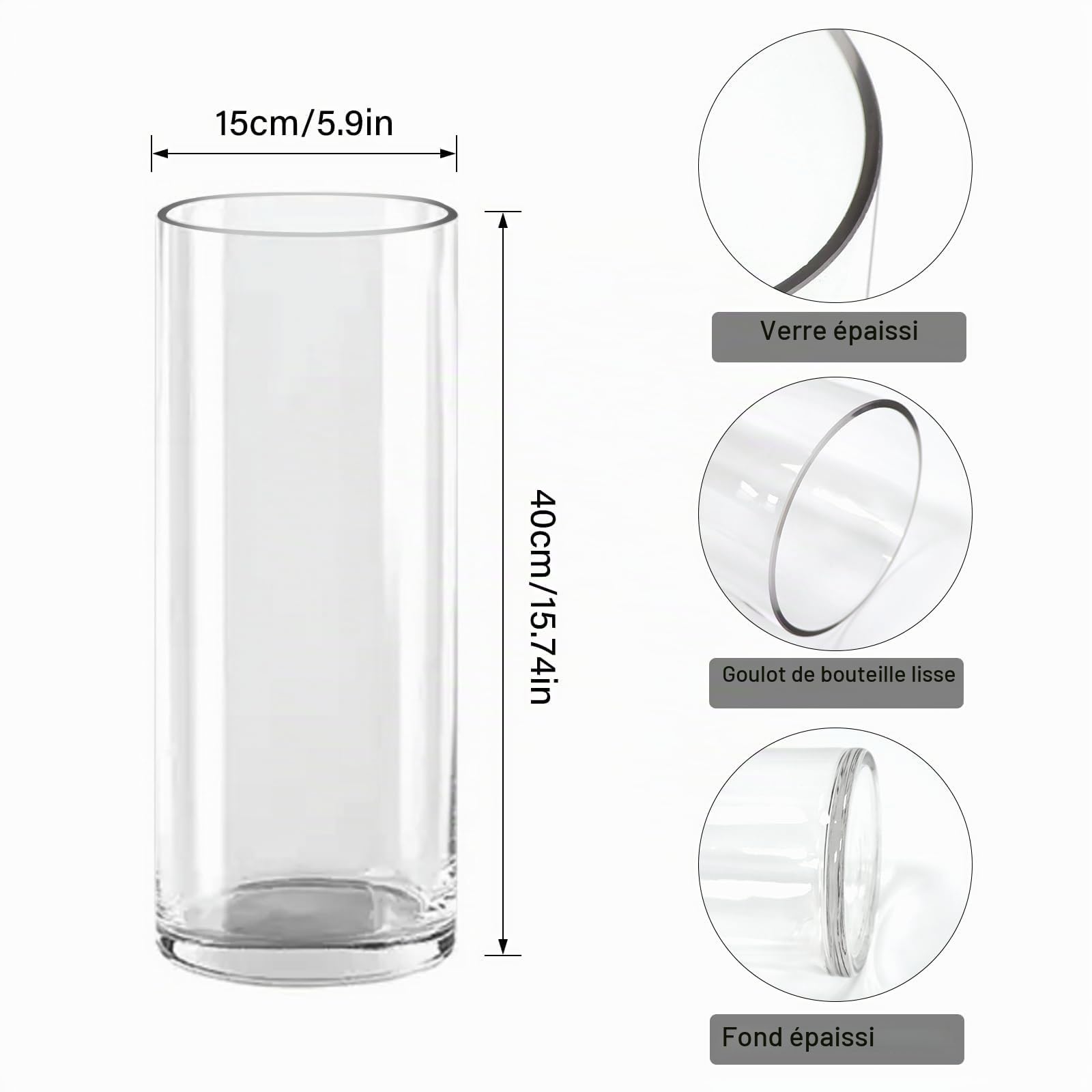 Vase cylindrique en verre transparent 40 cm x 15 cm extra large vase en cristal épais pour arrangements floraux pour centres de table, salon, cuisine, bureau, mariage