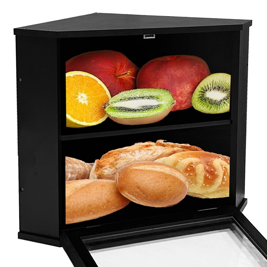 Panera de bambú esquinera negra moderna contenedor de pan de encimera