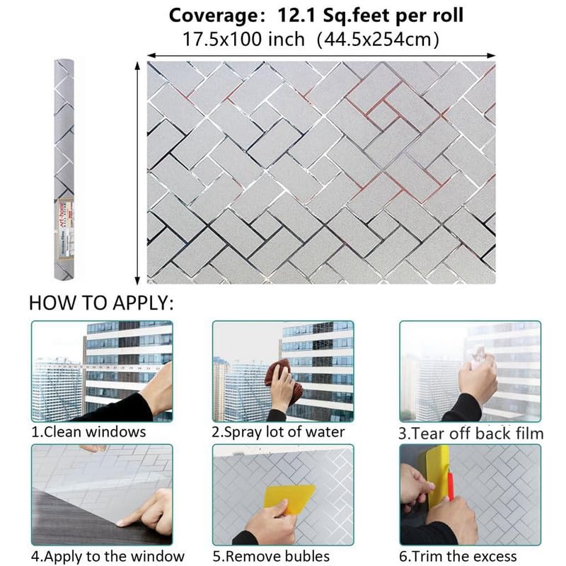 Image of Window Glass Film for Privacy, Self Adhesive Window Sticker, Sticker Frosted Glass Film for Windows, bathrooms, Office Cabins, Living Rooms - Cross Brick | 16 X 72 Inchs