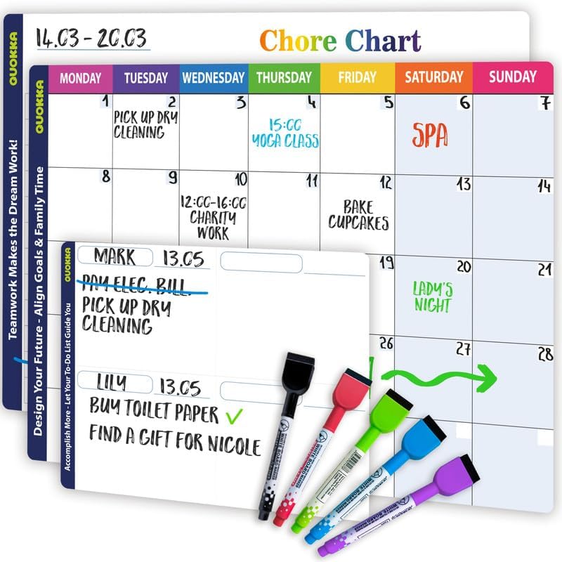 QUOKKA Magnetic Chore Chart for Adults and Multiple Kids - Routine Chart Board for Family Calendar | Weekly Tasks | Montly Planner | Daily Notes | - Behavior Reward Dry Erase Schedule Teens & Adults