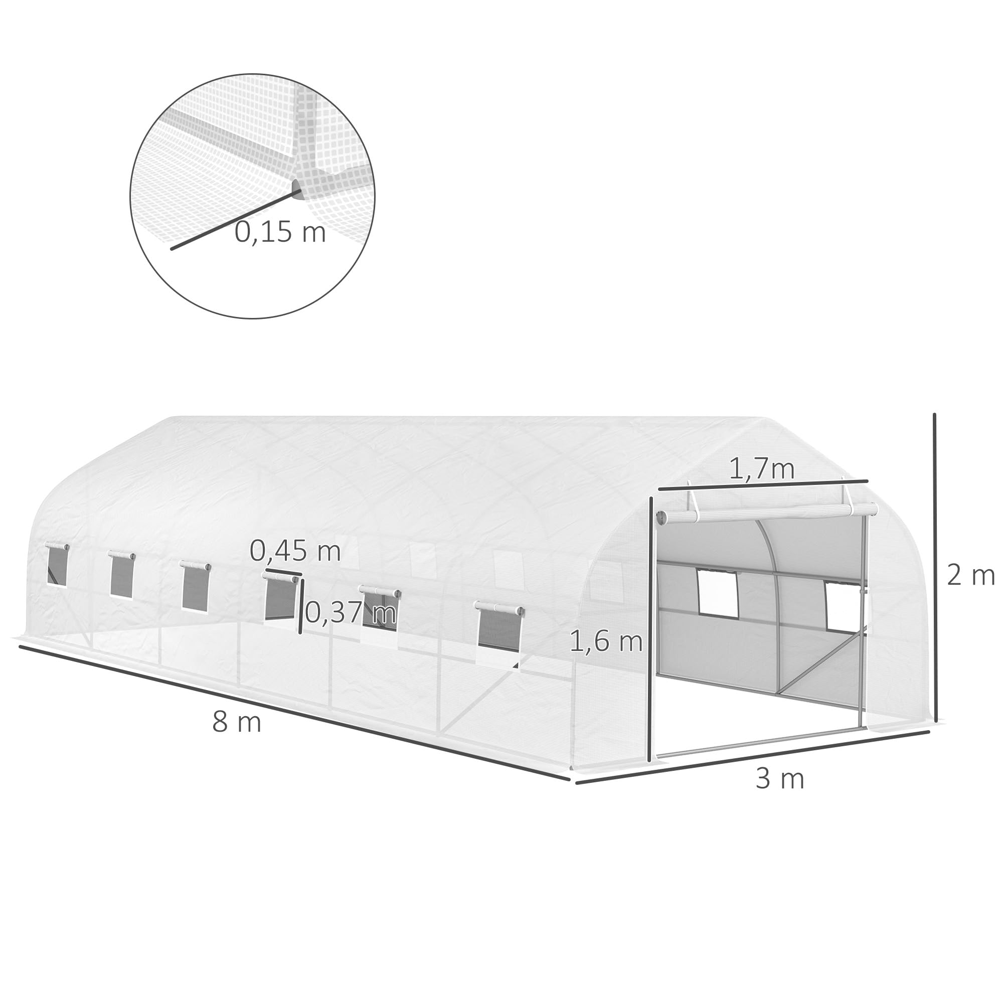 Outsunny Serre de Jardin Tunnel 24 ㎡ Grande Taille 8 x 3 x 2 m avec bâche PE Cadre en Acier galvanisé Ø 24 mm Porte Enroulable et 12 fenêtres Blanc