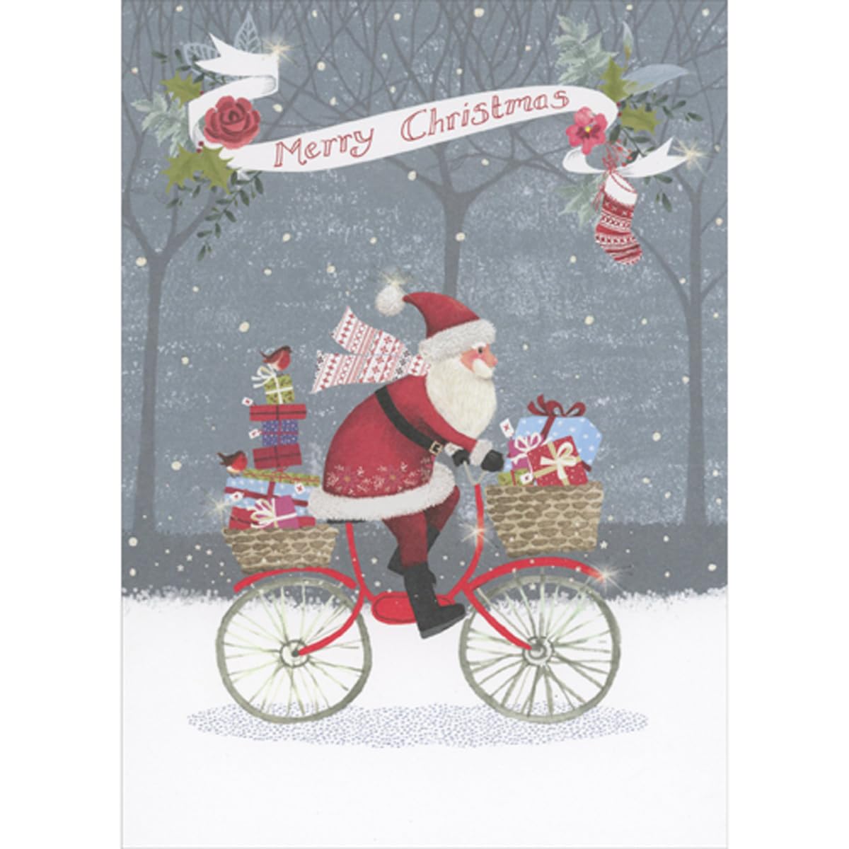 Sellers Publishing RSVP Santa Riding Bike with Baskets Filled with Presents Christmas Card