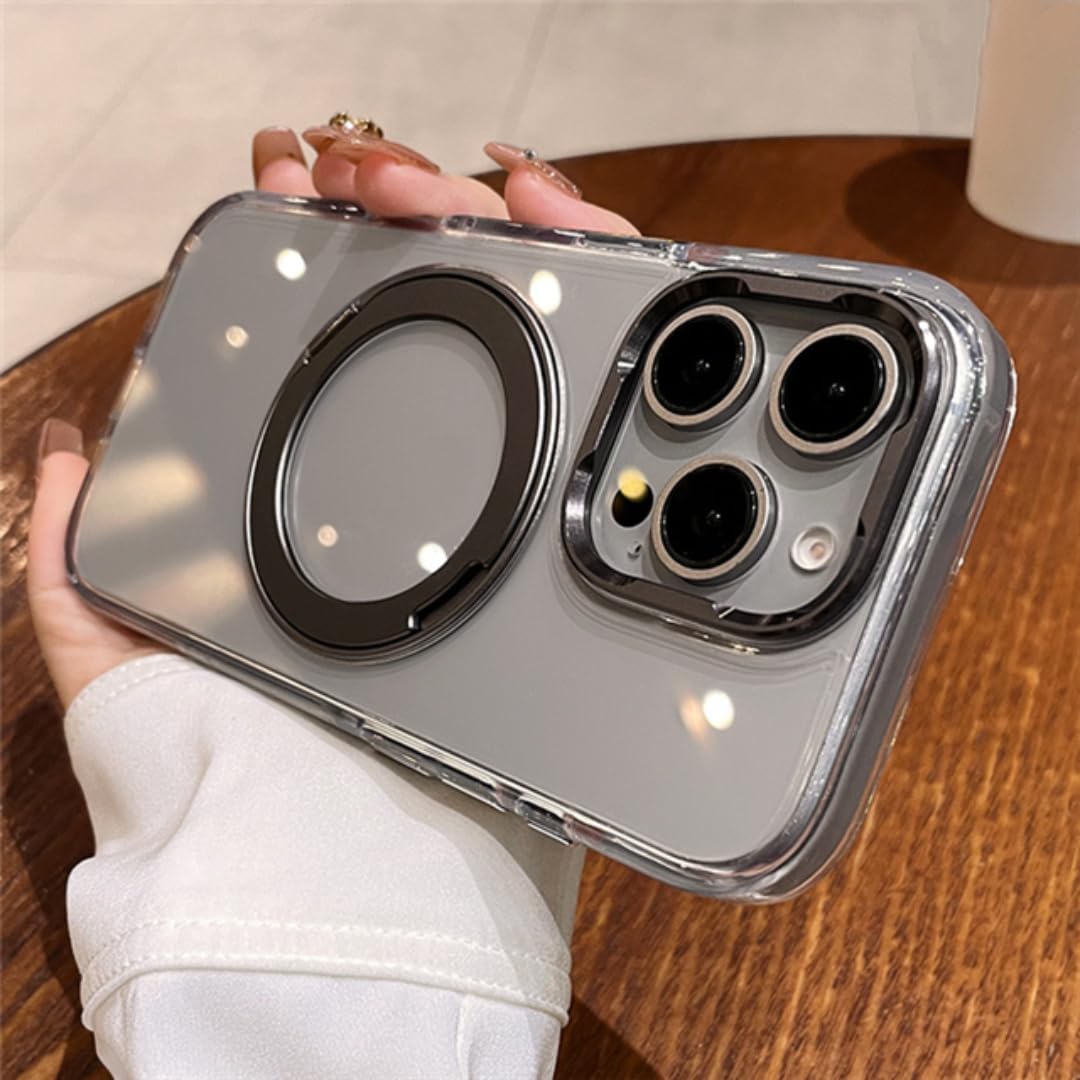 Custodia di lusso trasparente con supporto magnetico girevole per iPhone 15 Pro (per iPhone 15 Pro/Custodia magnetica grigia)