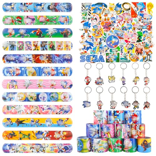 Ainvliya 74pcs Soni Party bag Fillers 50pcs Stickers 12pcs Slap Bands 12 Keychain Party Bags Supplies for Kids Boys Girls