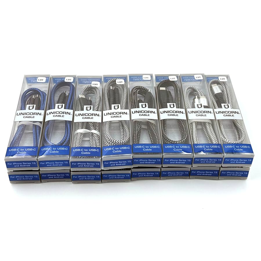 50 Packs Supreme USB-C to USB-C Charging Cable for iPhone Series 15 and Android Phones USB Type C Braided Data Cables 3.3 ft / 1m Bulk Wholesale Lot, Black, Grey, Silver, Blue