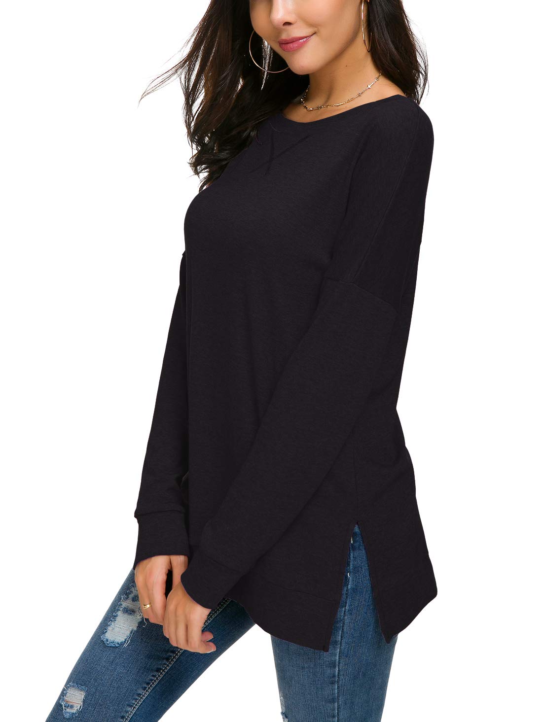 Women's Fall Long Sleeve Side Split Loose Casual Pullover Tunic Tops