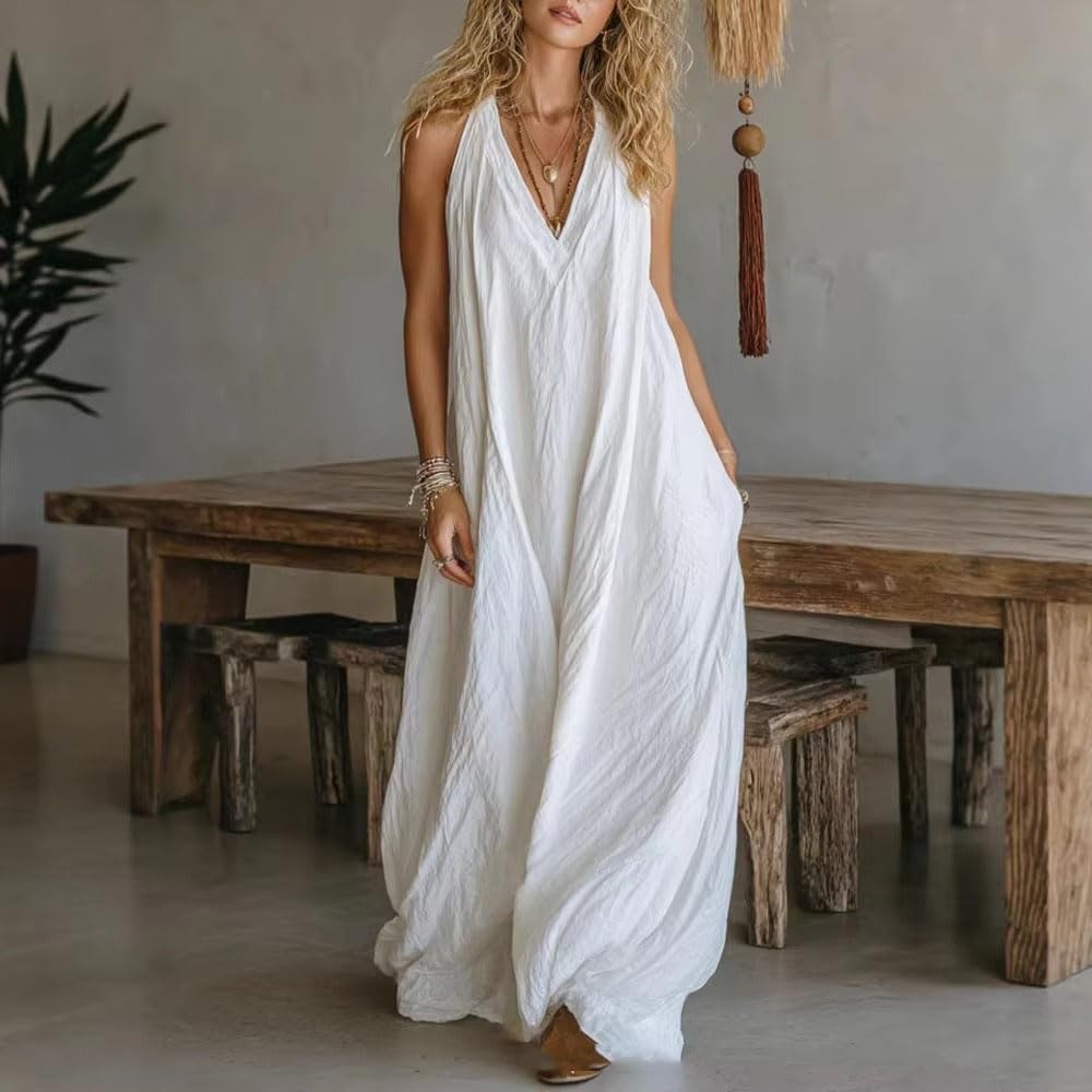 Abito lungo estivo da donna senza maniche con scollo a V