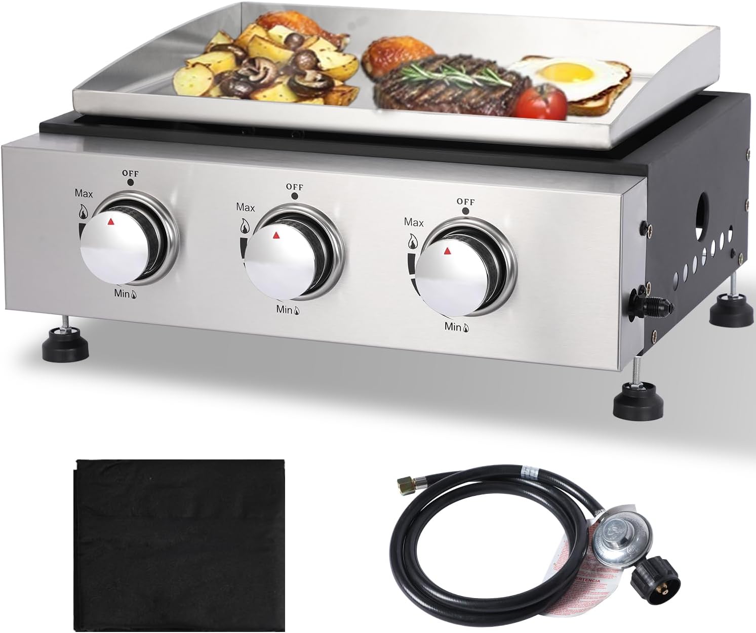 Tabletop Gas Griddle with Legs, Cover - 18” Portable Propane Grill, 3 Burner Flat Top Griddle, 30,000 BTUs Output Stainless Steel for Outdoor Cooking, Camping or Tailgating - Image 1 of 9