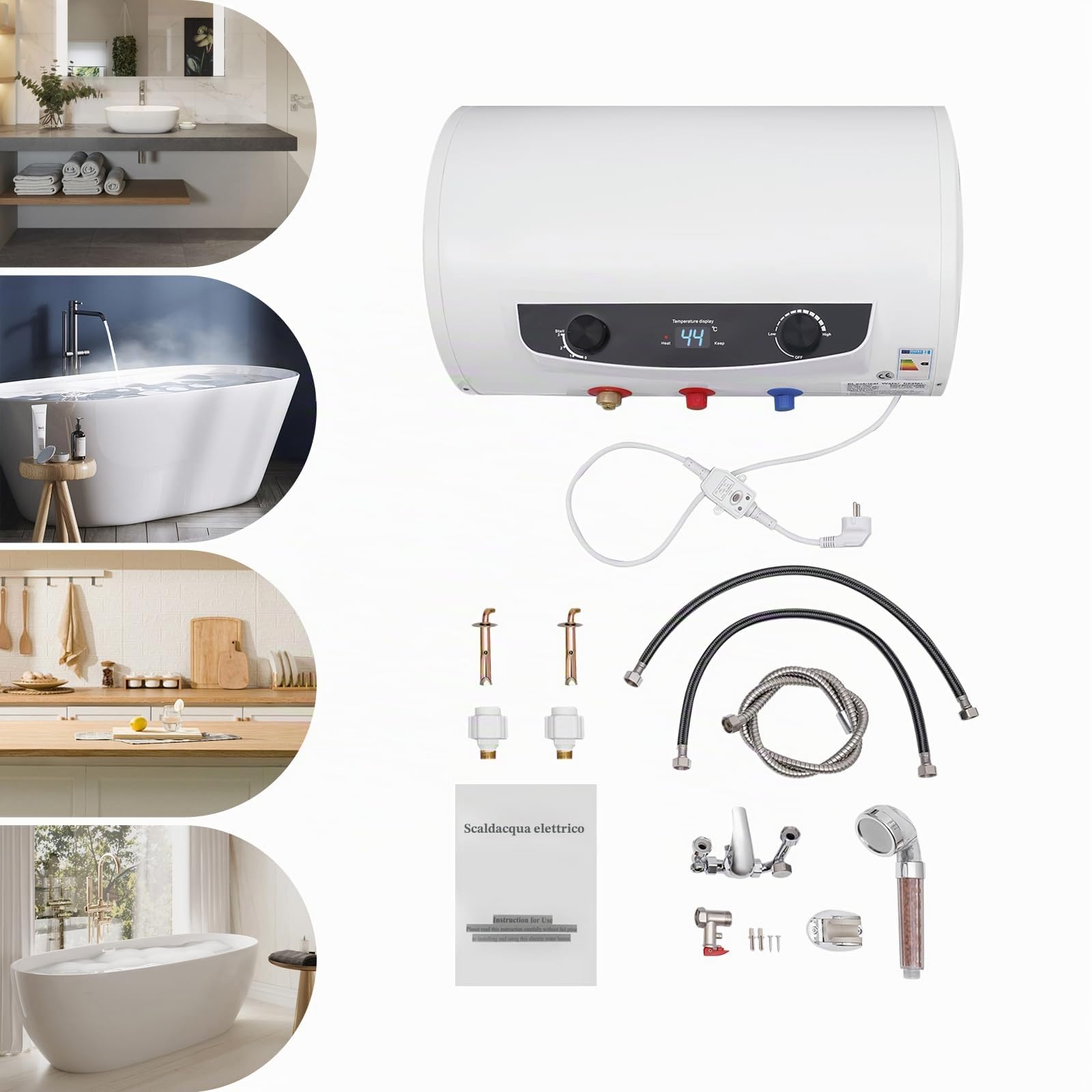 Caldaia elettrica da 50 l/120 l, orizzontale, 220 V, 2 KW, 30-75 gradi C, scaldabagno automatico Reshu sospeso con doccetta (50 l), Bianco