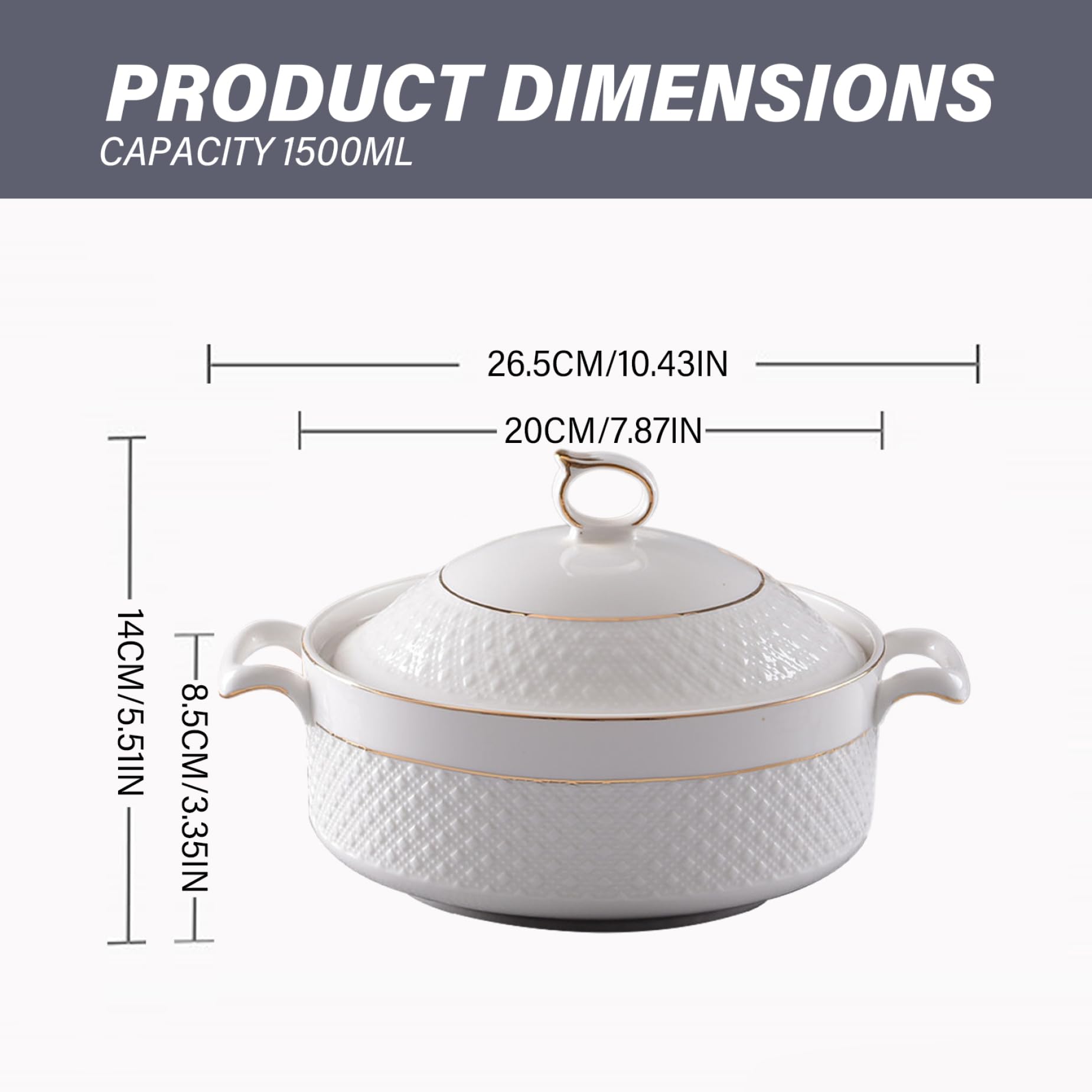 Tureens, sopa Cerámica, 1.5L Servir cuencos con borde de oro Tureen con tapa y cucharón para pasta, sopa