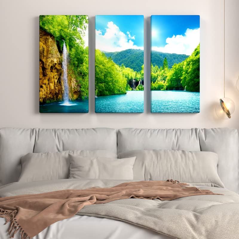 Amazon.co.jp: 3枚 アートパネル 山 森 飾り絵 日光 滝 緑の植物 自然
