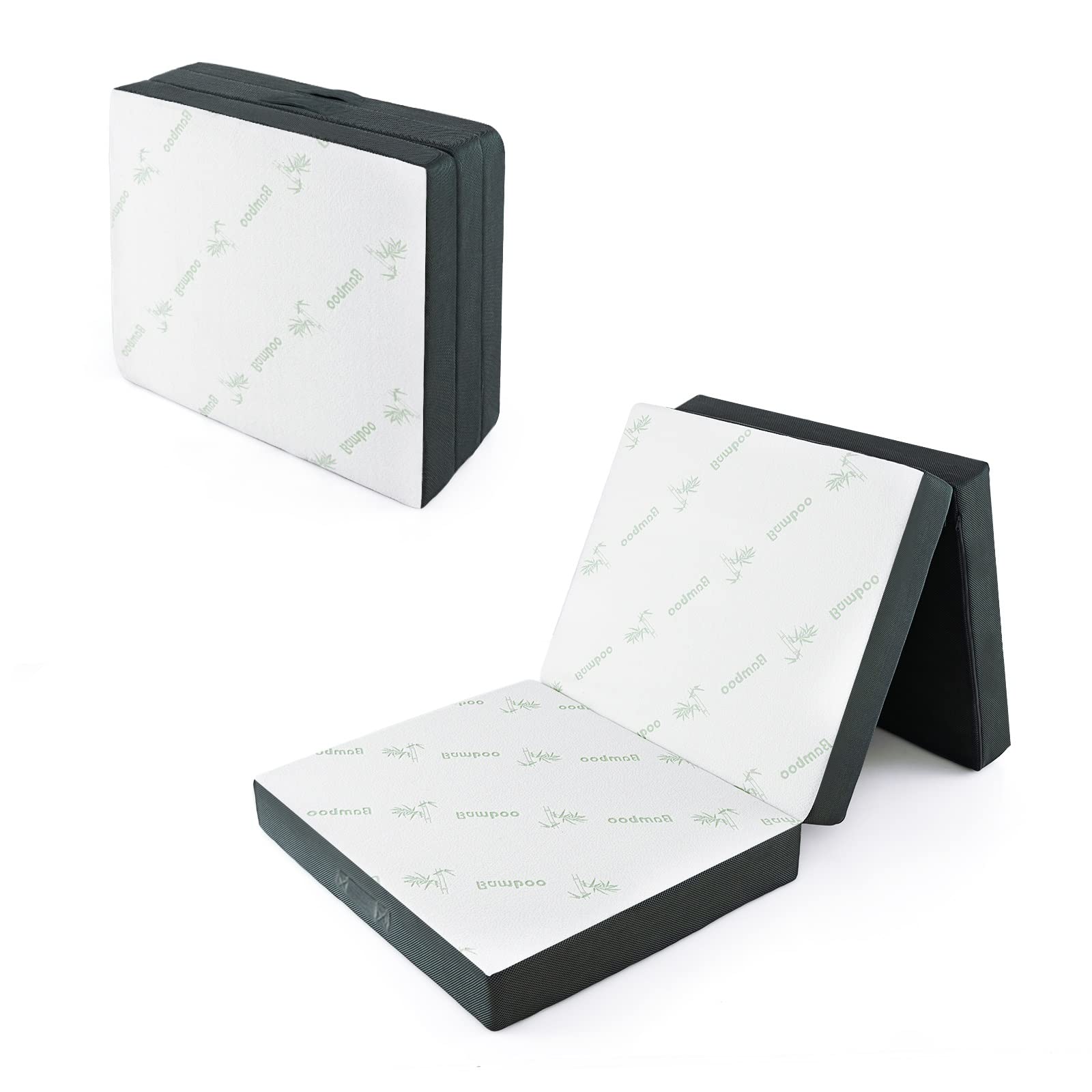 GOPLUS Matelas Pliable d’Invité en Mousse 193X80X10 CM, Matelas d’Appoint à 3 Plis avec Surface en Fibre de Bambou & 2 Poignées, pour Maison, Voyage, Camping,