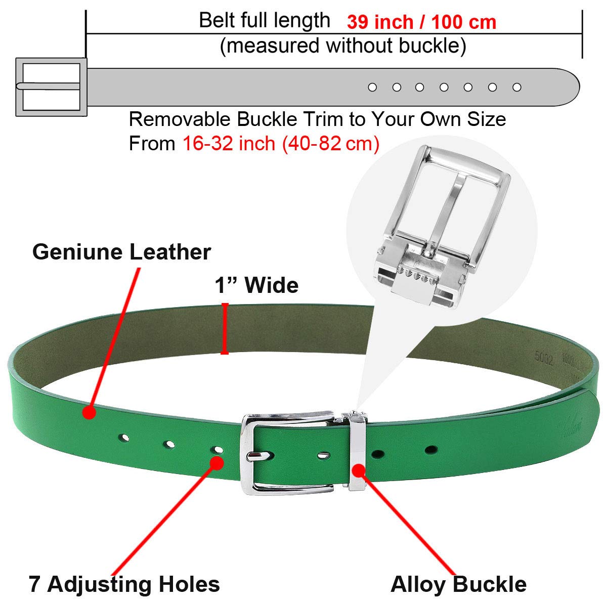 Falari Kids Leather Belts for Boys All Occasion 1" Trim to Fit - One Piece Leather Cutting 5002-Kelly Green