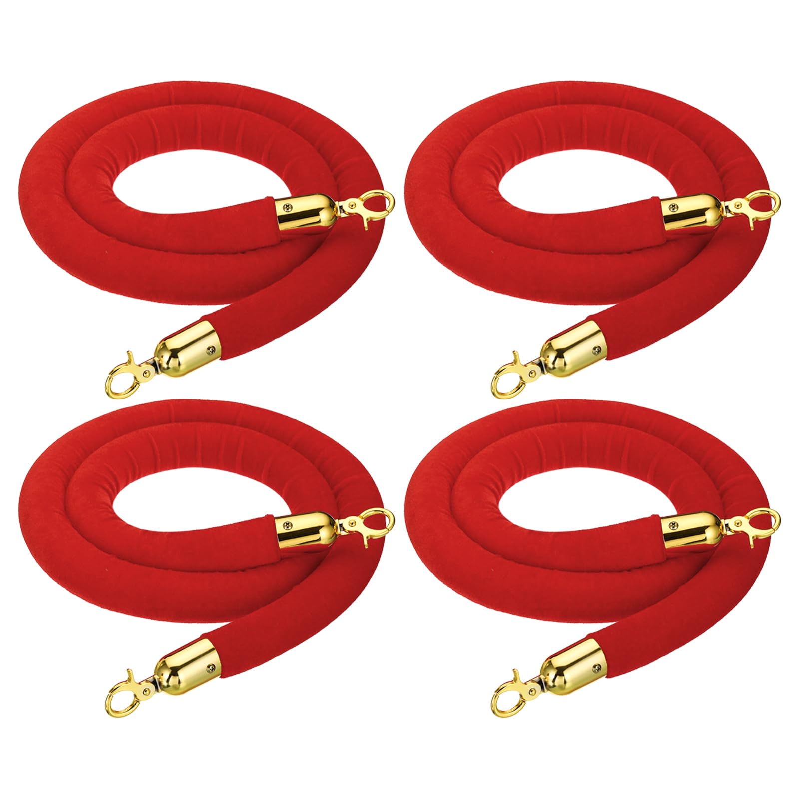 PATIKIL 5 Feet Red Velvet Stanchion Rope, 4 Pack Crowd Control Barrier Rope with Snap Hooks for Posts Stands Queue Divider of Hotel Theater, Golden