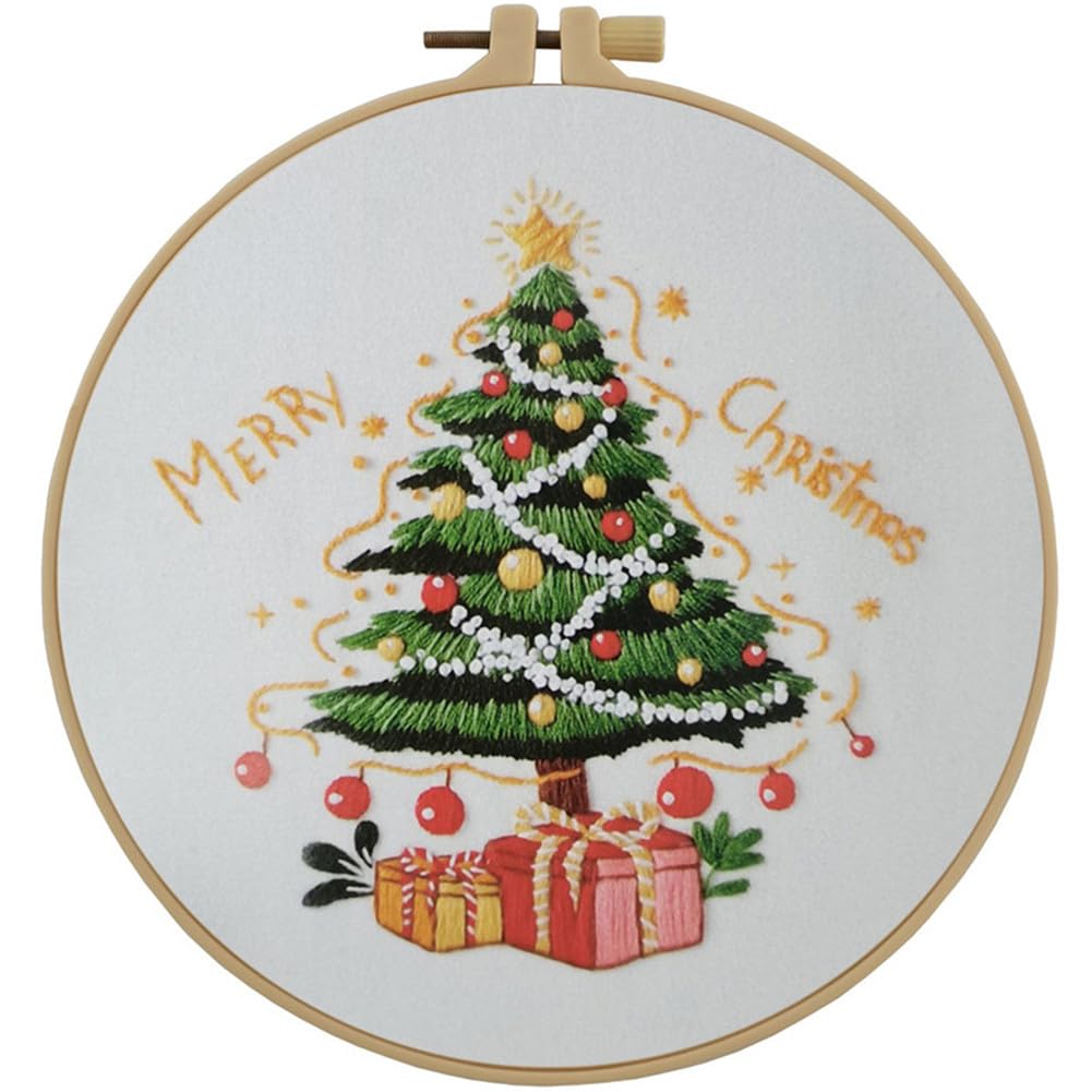 Esffaci Embroidery Starter Kit for Adult Beginner with Xmas Tree Pattern Stamped Cross Stitch Set with Embroidery Cloth Hoop Needle Threader