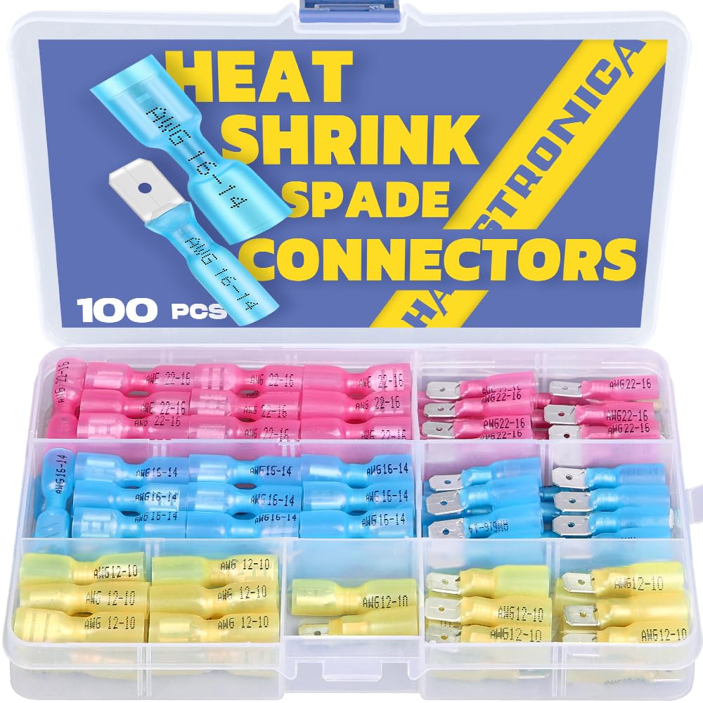 haisstronica 100pcs Heat Shrink Spade Connectors,AWG 22-10 Quick Disconnect Wire Connectors-Female and Male Spade terminals for Watercraft,Electronics