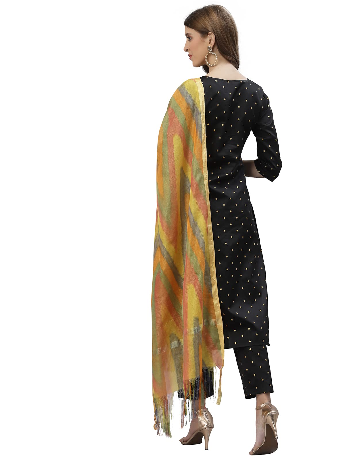 Stylum Women's Self Design Poly Silk Straight Kurta Pant & Dupatta Set (Blackbmw44_Black, Xxl)