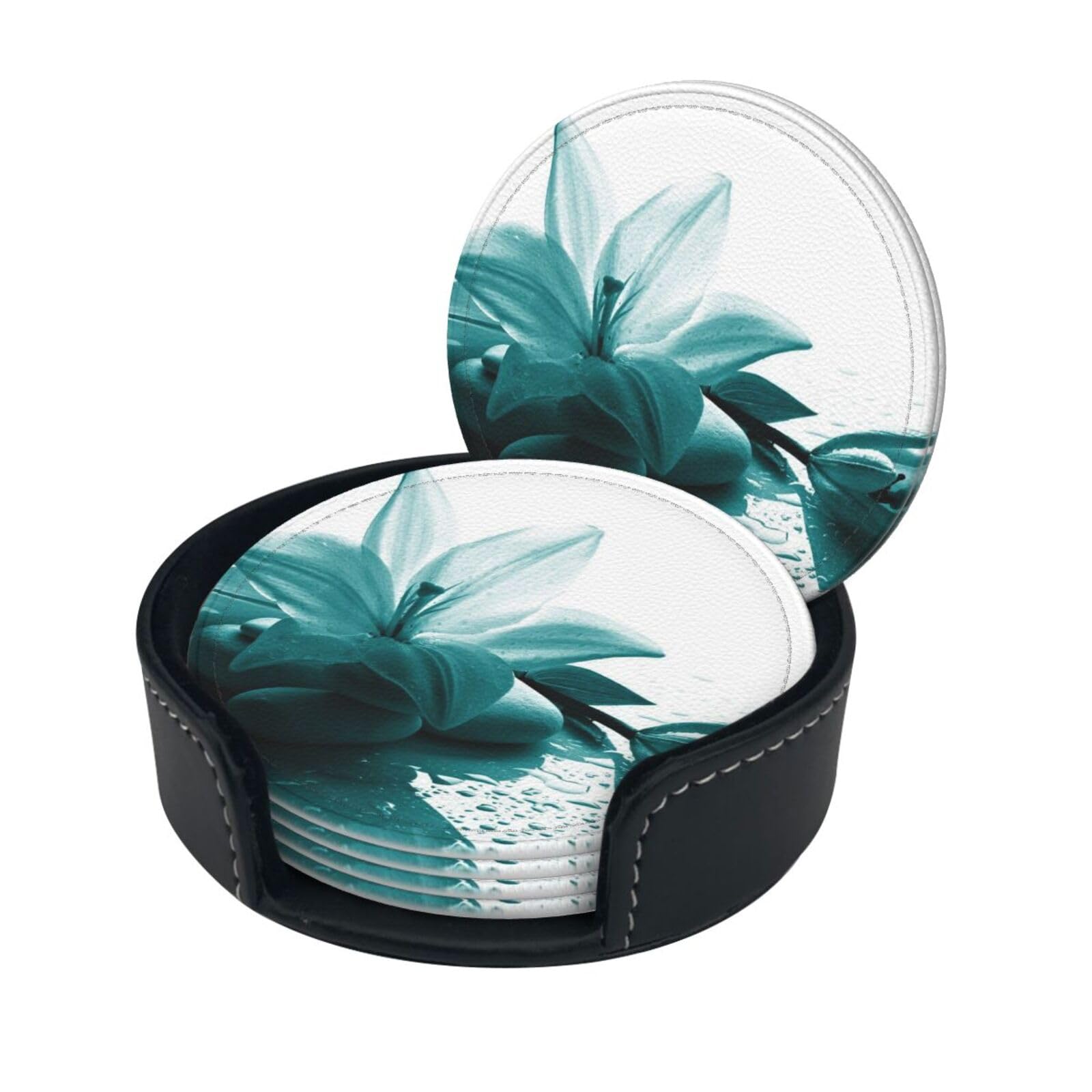 Teal Lily Print Coasters For Drinks With Holder Set Of 6, Pu Leather Coasters Drink Coasters Cup Pad Mats