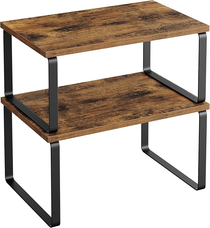 BYCY Set of 2 Cabinet Countertop Shelves, Stackable Shelves Organizers for Kitchen Cabinet Countertop Storage, Spice Rack, Expandable, Ink Black and Rustic Brown