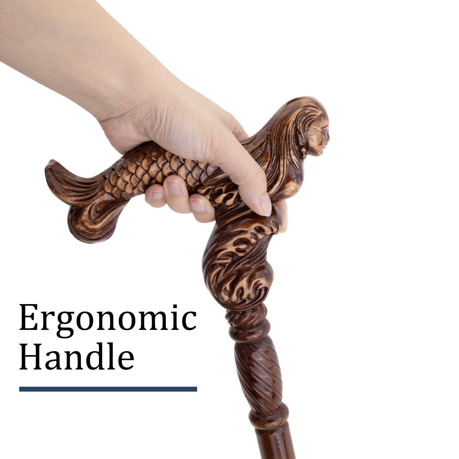 Bastone da Passeggio in Legno con Sirena, Bastone da Gentiluomo 37 Pollici, Manico Ergonomico e Punta in Gomma Antiscivolo Rimovibile, Unisex