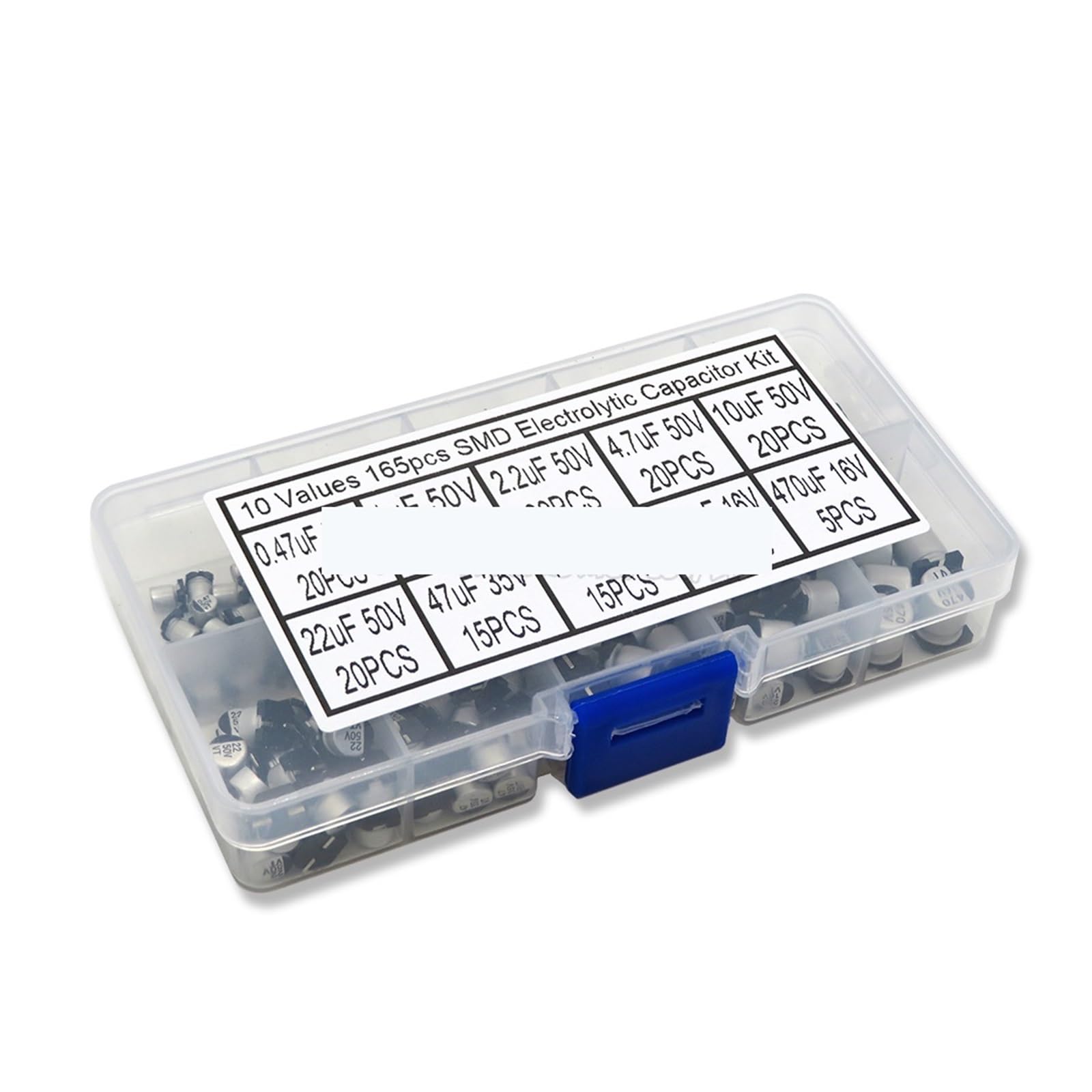 ICXLPMC 165Pcs/lot 10Values SMD Aluminum Electrolytic Capacitor Assorted Kit Set Samples Kit 0.47uF 1uF 2.2uF 4.7uF 10uF 22uF 47uF 100uF