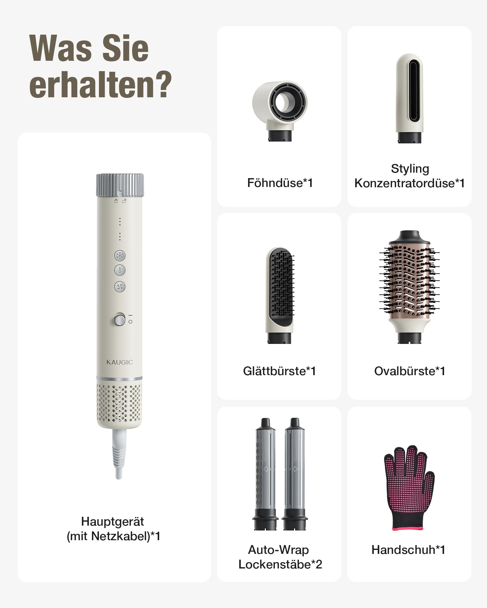 6-in-1 Hairstyler, Airstyler, Lockenstab, 110000 U/Min Hochgeschwindigkeit Lonen Föhn Locken oder Glätten, Föhnbürste Warmluftbürste Rundbürstenföhn Lockenföhn Haartrockner- Cremeweiß