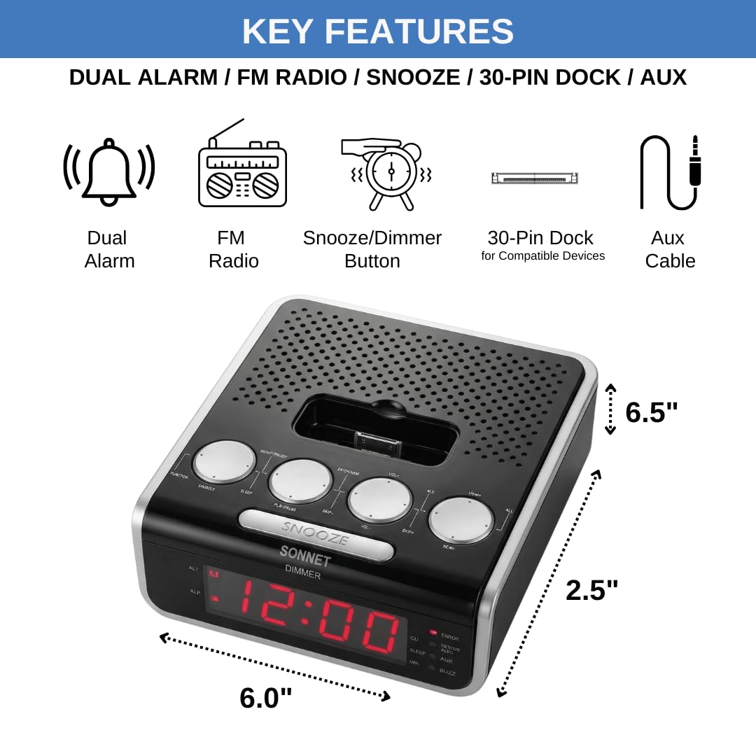 Reloj despertador digital con radio estéreo FM, pantalla LED roja, alarma dual, temporizador de repetición y sueño, entrada AUX, base de 30 pines, respaldo de batería, reloj compacto para mesita de
