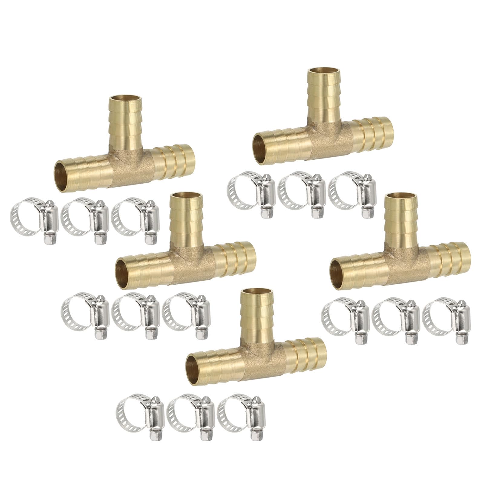 PATIKIL 1/2" Brass Tee Hose Barb Fitting, 3 Ways Union Intersection T Shape Barbed Split with Clamps for Air Water Fuel Gas Liquid, Golden — view 18