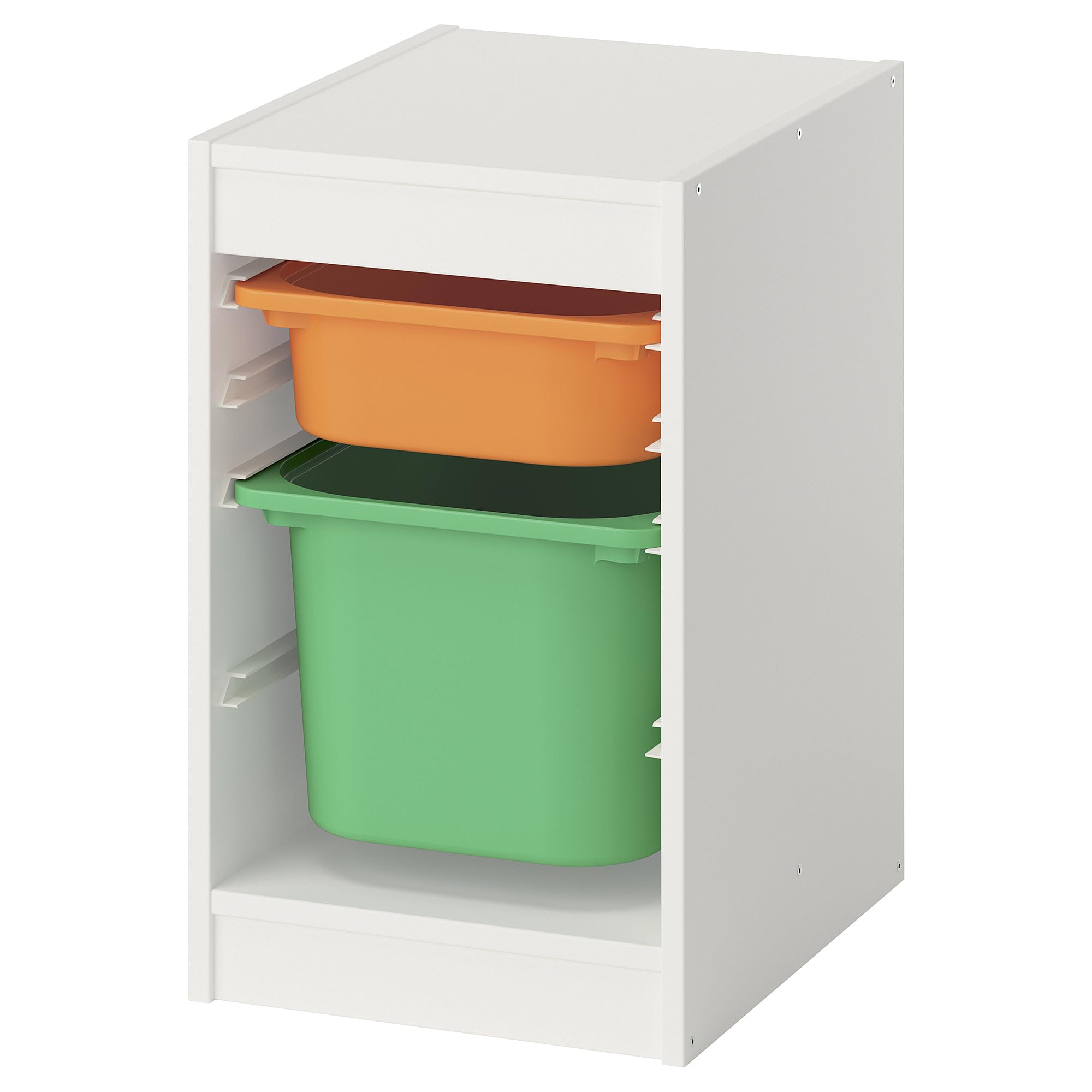 Meuble TROFAST avec boîtes vert vif et orange clair modulables