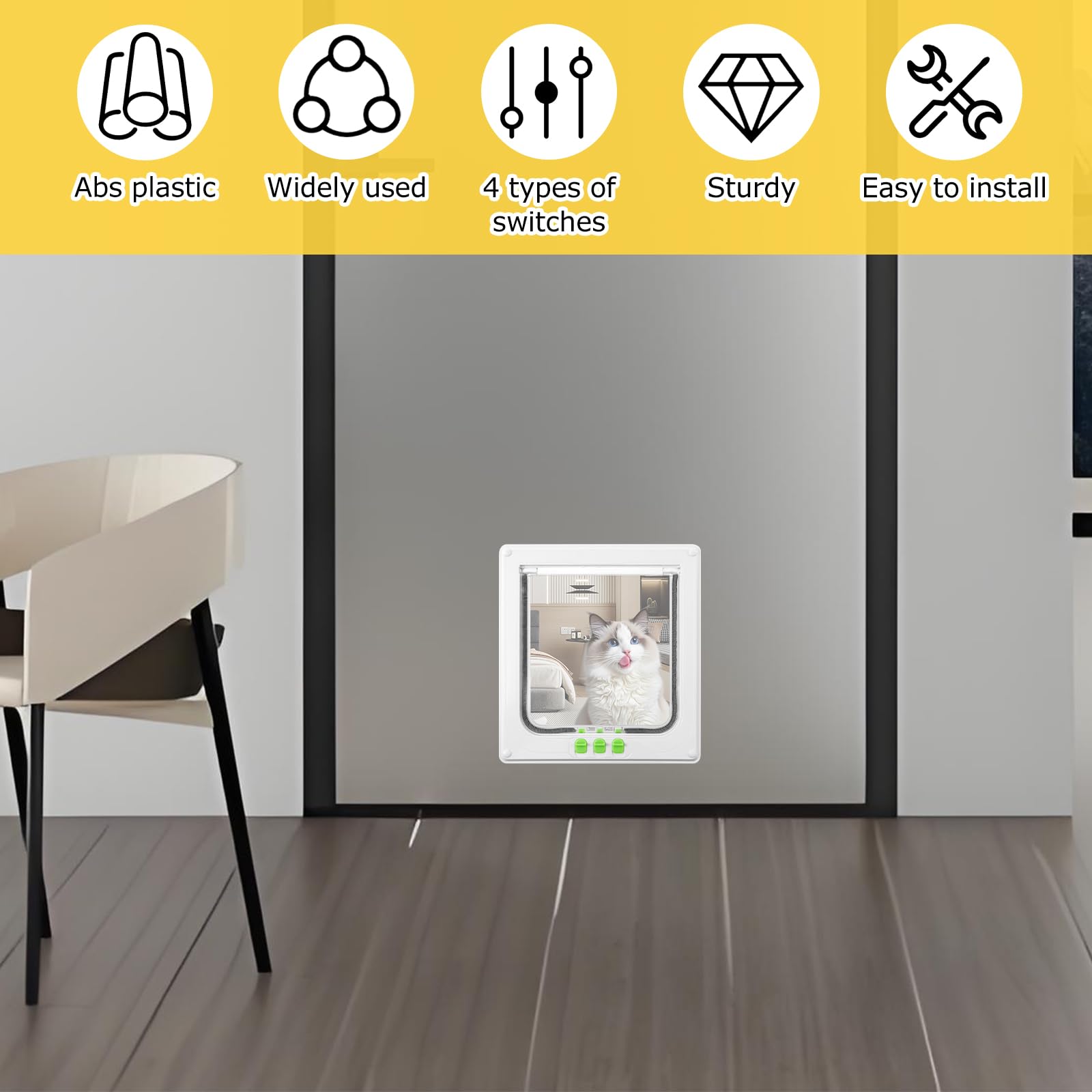 ZJRDYYK Cat Door, Lockable Cat Flap Door Indoor Exterior with 4 Way Lock, Thin Cats Door, Pet Door for Cats, Kitties (White)