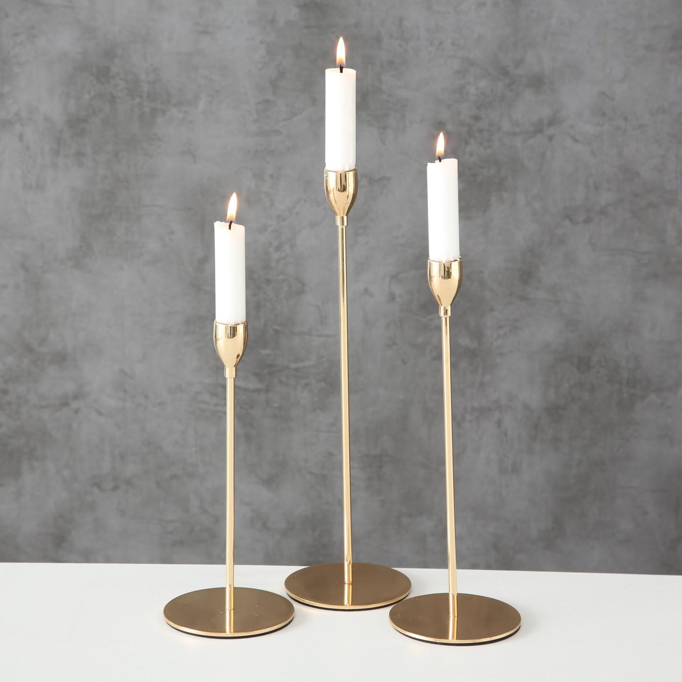Goldixx Kerzenständer Set, 3-teilig, Metall Gold, 23/28/33 cm Höhe, Modern