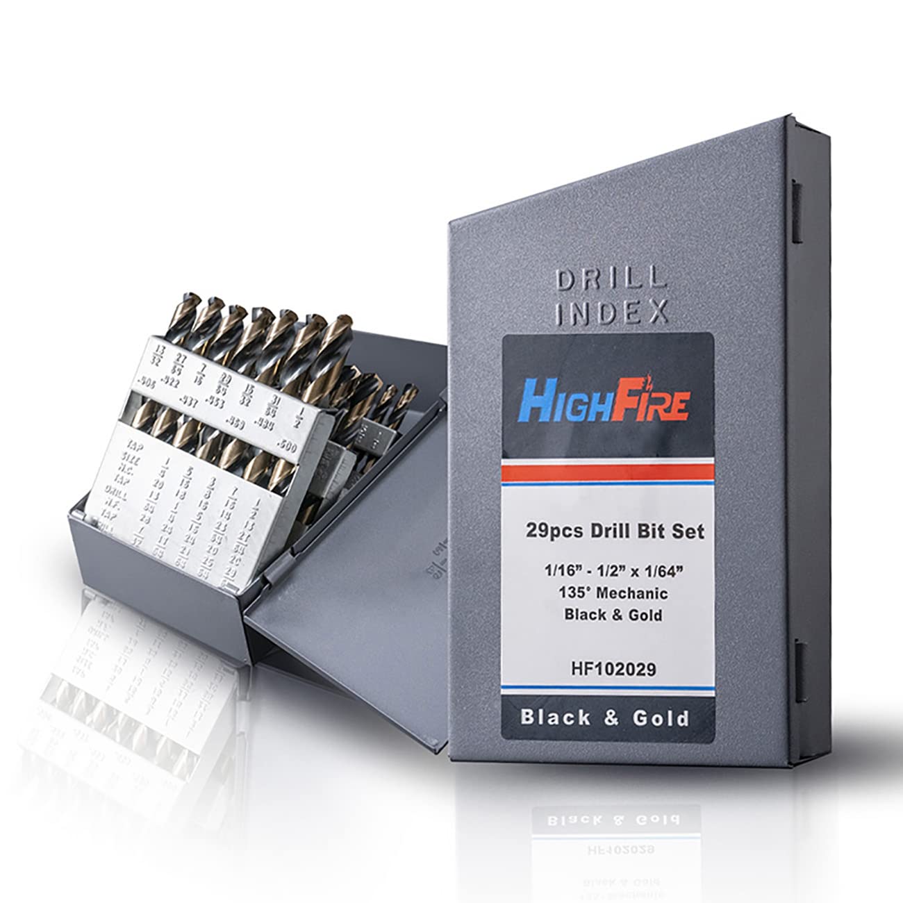 HIGHFIRE Mechanics Drill Bit Set, M2 HSS Heavy Duty Mechanic Drill Bit Kit with Black and Gold, 3-Flat Shank Twist Drill Bit Set for Metal with 135