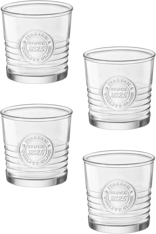 Bormioli Rocco Officina 1825 DOF Drinking Glasses - Set of 4, 10 oz Vintage Style Whiskey & Spirits Tumblers for Cocktails & On the Rocks - Italian Barware, Clear Glass Set
