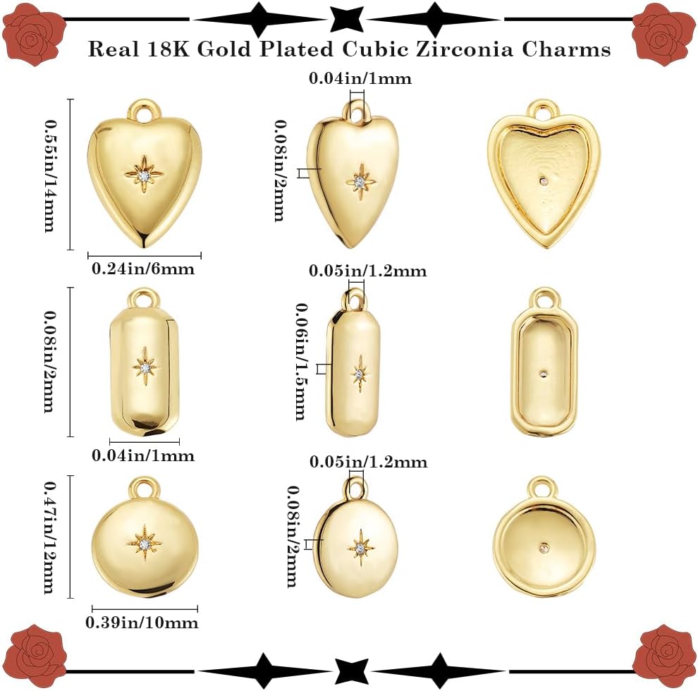 Beebeecraft 12Pcs 3 Styles Real 18K Gold Plated Small Heart Charms Round Octagon Geometry 3D Dangle Charm Star Micro Pave Cubic Zirconia Pendants Findings for Jewelry Making Supplies DIY Crafts