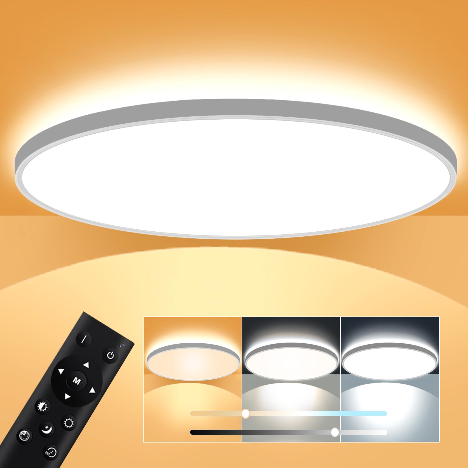 12 Inch Flush Mount Ceiling Light 28W 3000lm Ultra-Thin Led Ceiling Light with Backlight Modern Light Fixture Ceiling Mount Dimmable 3 Color Stepless Adjustable with Timer and Remote Close to Ceiling