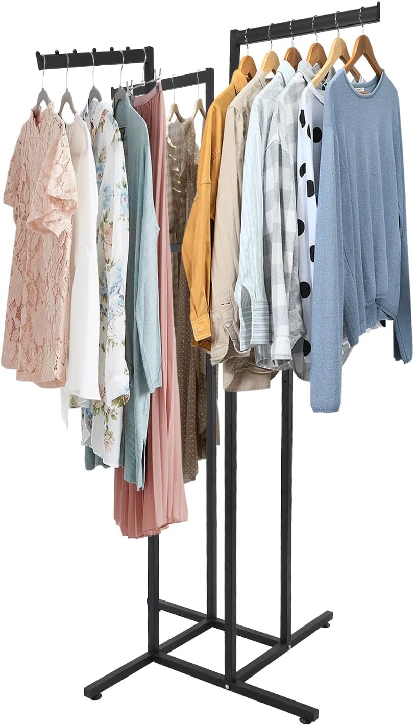 4 Way Adjustable Clothing Rack, Retail Clothings Display Stand with Straight Arms, Heavy Duty Clothes Rack with Slanted Arms, Floor Standing Metal Garment Racks for Home Boutiques(Black)