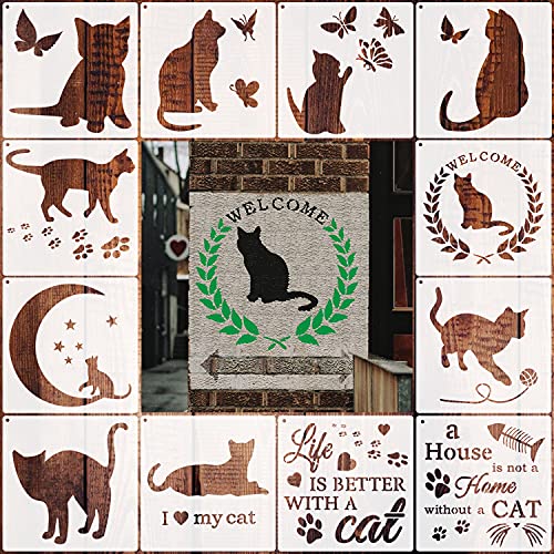 Joyduo 12 Pcs Cat Stencils, Reusable Stencils Cat Theme Painting Templates Stencils for Painting on Wood Wall Home Decor, 7.9 x 7.9 Inch