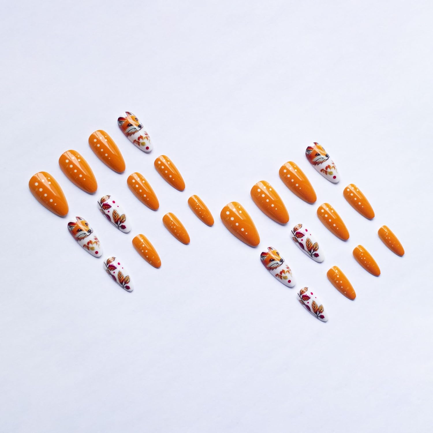 24Pcs Almond Press on Nails Maple Leaves Fake Nails Fall Cute False Nail with Fox Designs Full Cover Glossy Stick on Nail Autumn Glue on Nails for Women Manicure Kit